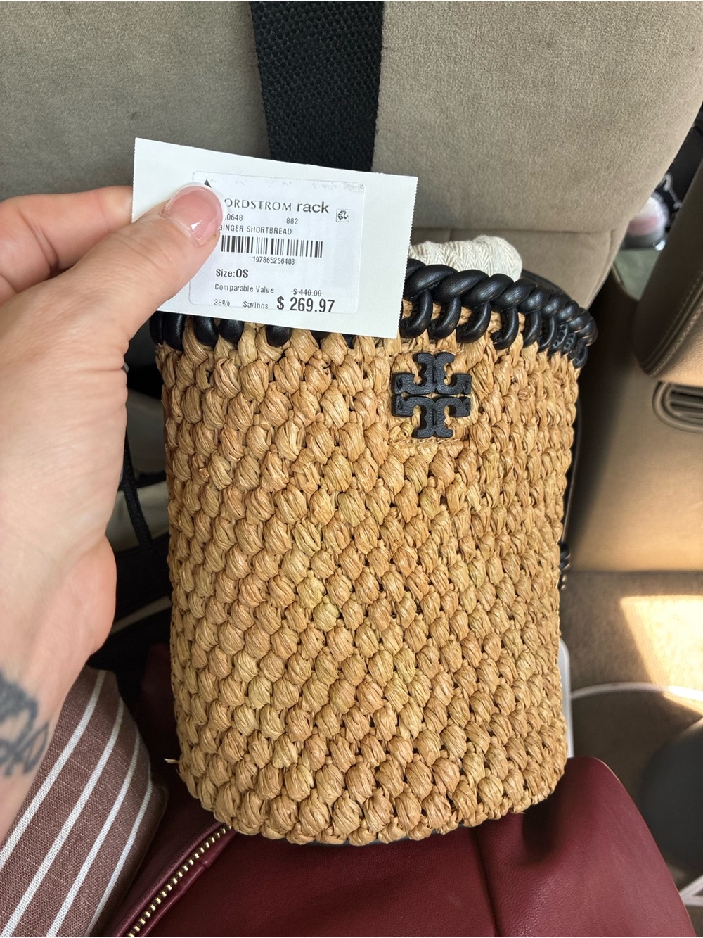 Tory Burch Woven Straw Mini Bucket Bag with Black Trim